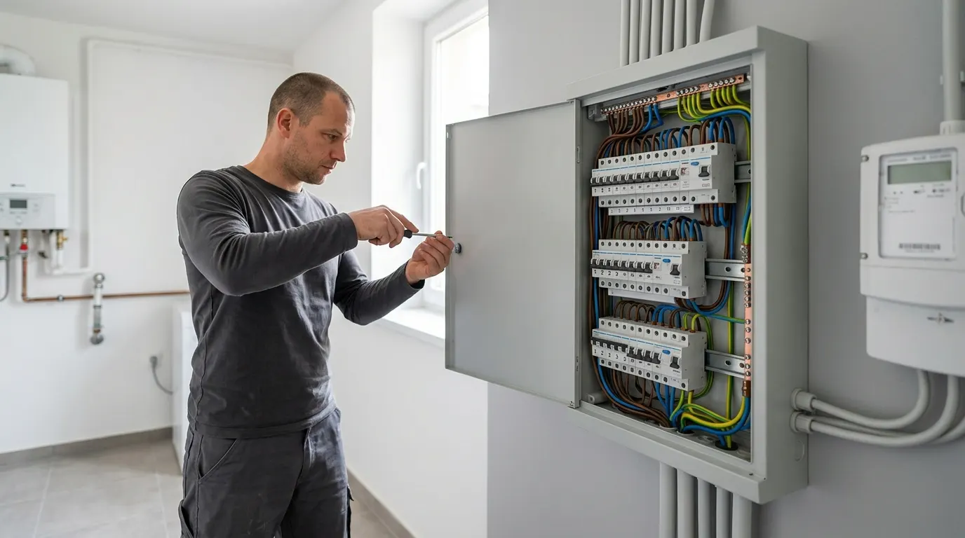 Egy modern, rendezett biztosítéktábla és kismegszakítók egy újonnan vezetékezett magyar családi házban